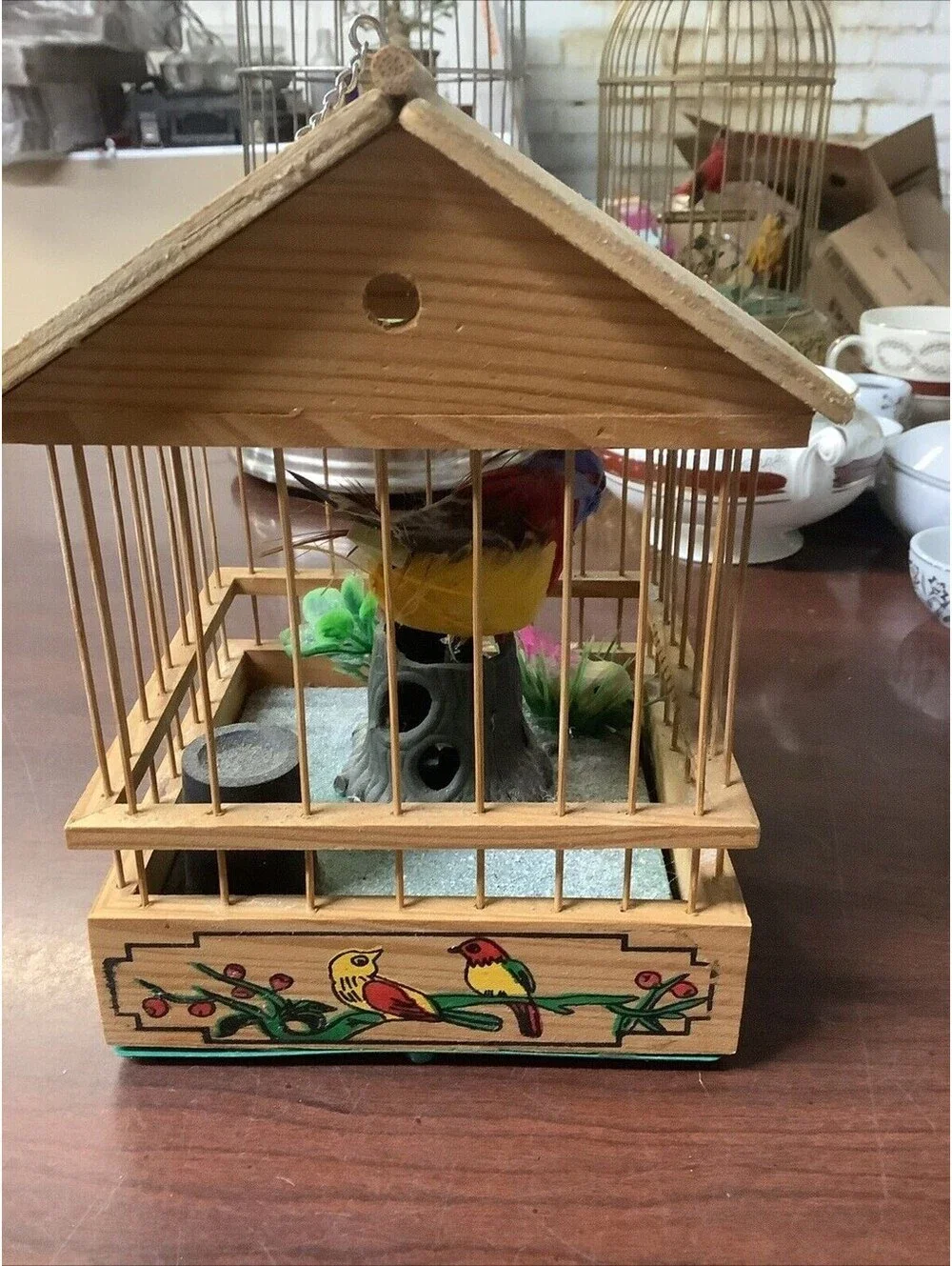 Vintage Singing Bird in Wooden “Jaula pajaro” Cage Battery Operated~Works!